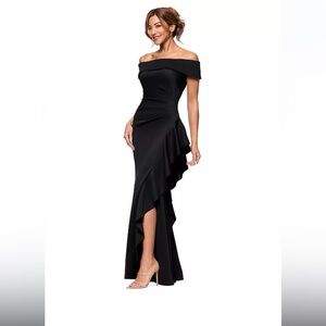 Xscape black off shoulder gown scuba